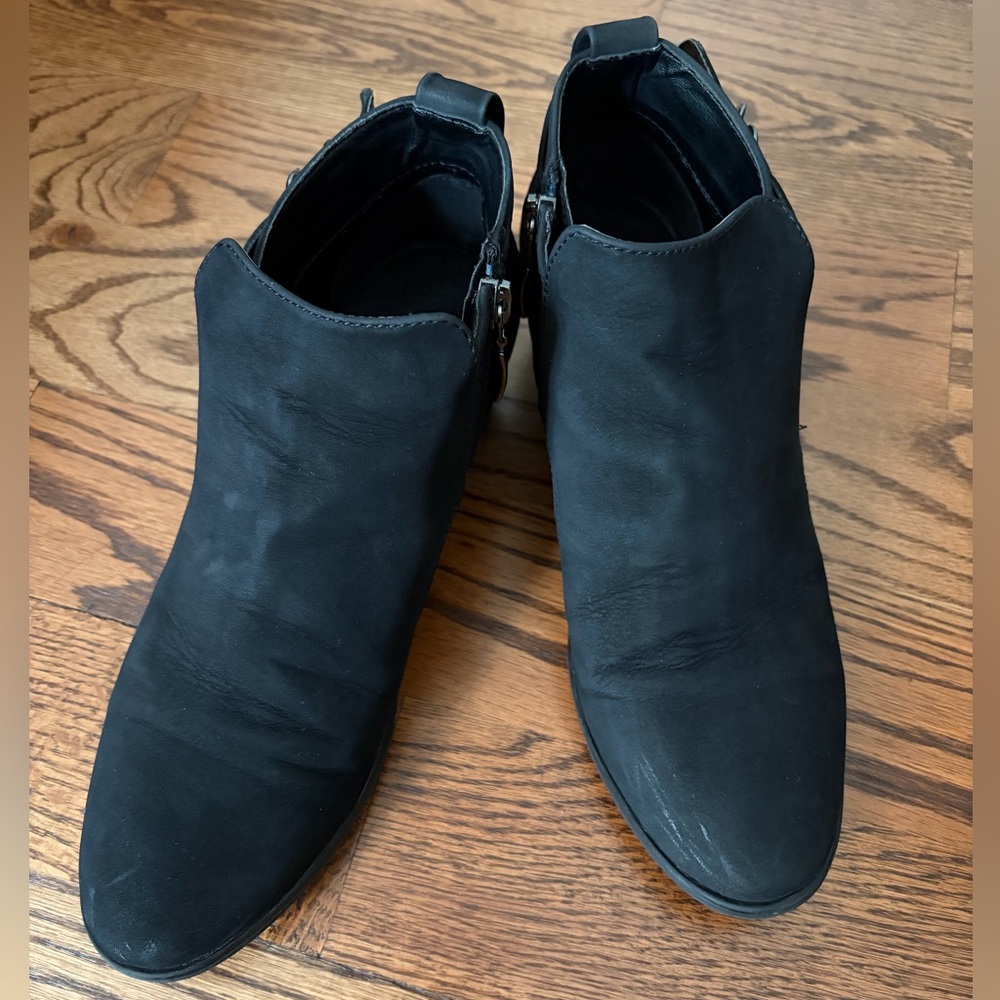 Xappeal Black Suede Ankle Booties Side Zipper and silver tone accents. Size:7